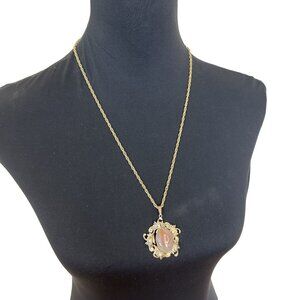Vintage Jasper Pendant Necklace Ornate Gold Tone Chain 24 in Gothic